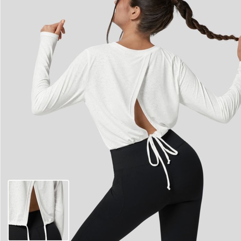 Round Neck Cut Out Tie Back Long Sleeve Yoga Sports Top white tie open back crop